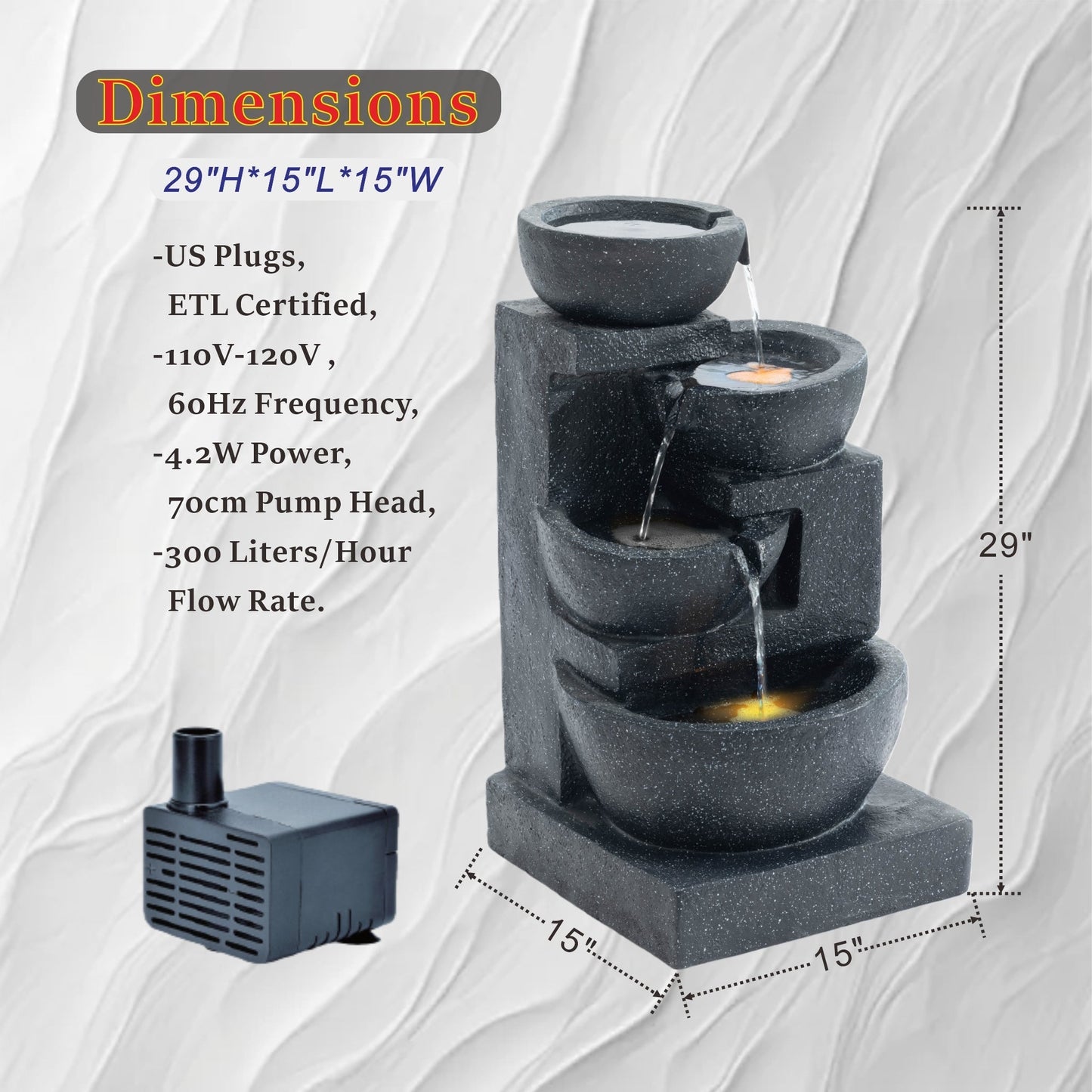 29-Inch Terrazzo Style LED Outdoor Water Fountain HouseOfZazla, black speckled stone with pump on Tampa Home & Garden Store
