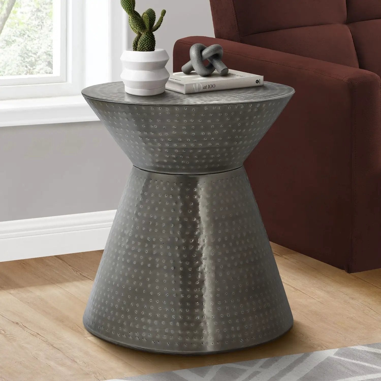 Drum Accent Side Table gray hammered metal with dotted texture and conical base on Tampa Home & Garden Store