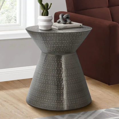 Drum Accent Side Table gray hammered metal with dotted texture and conical base on Tampa Home & Garden Store