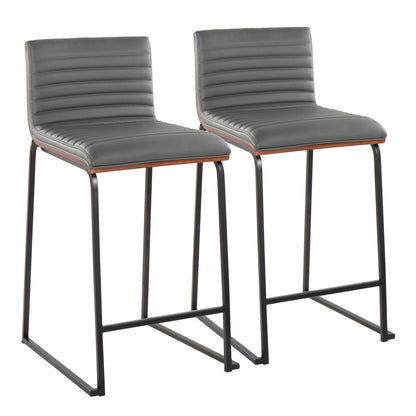 Contemporary counter stools, gray tufted upholstery with wood trim and black legs, pair on Tampa Home & Garden Store