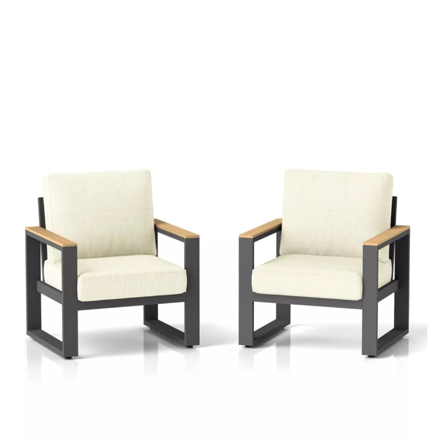All-Weather Patio Armchairs with Thick Cushions set of 2 beige cushions, black frame on Tampa Home & Garden Store