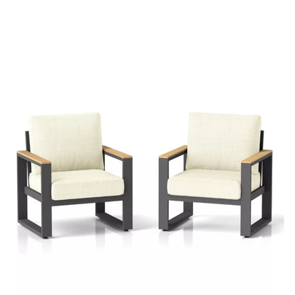 All-Weather Patio Armchairs with Thick Cushions set of 2 beige cushions, black frame on Tampa Home & Garden Store