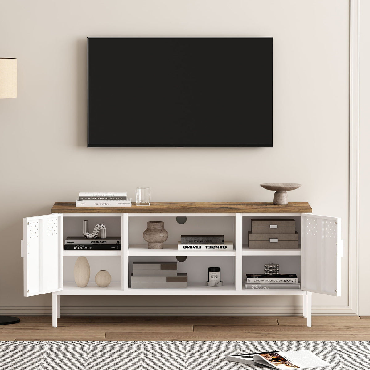 Storage Cabinet TV Stand with Steel Frame, white finish, dual cabinets on Tampa Home & Garden Store