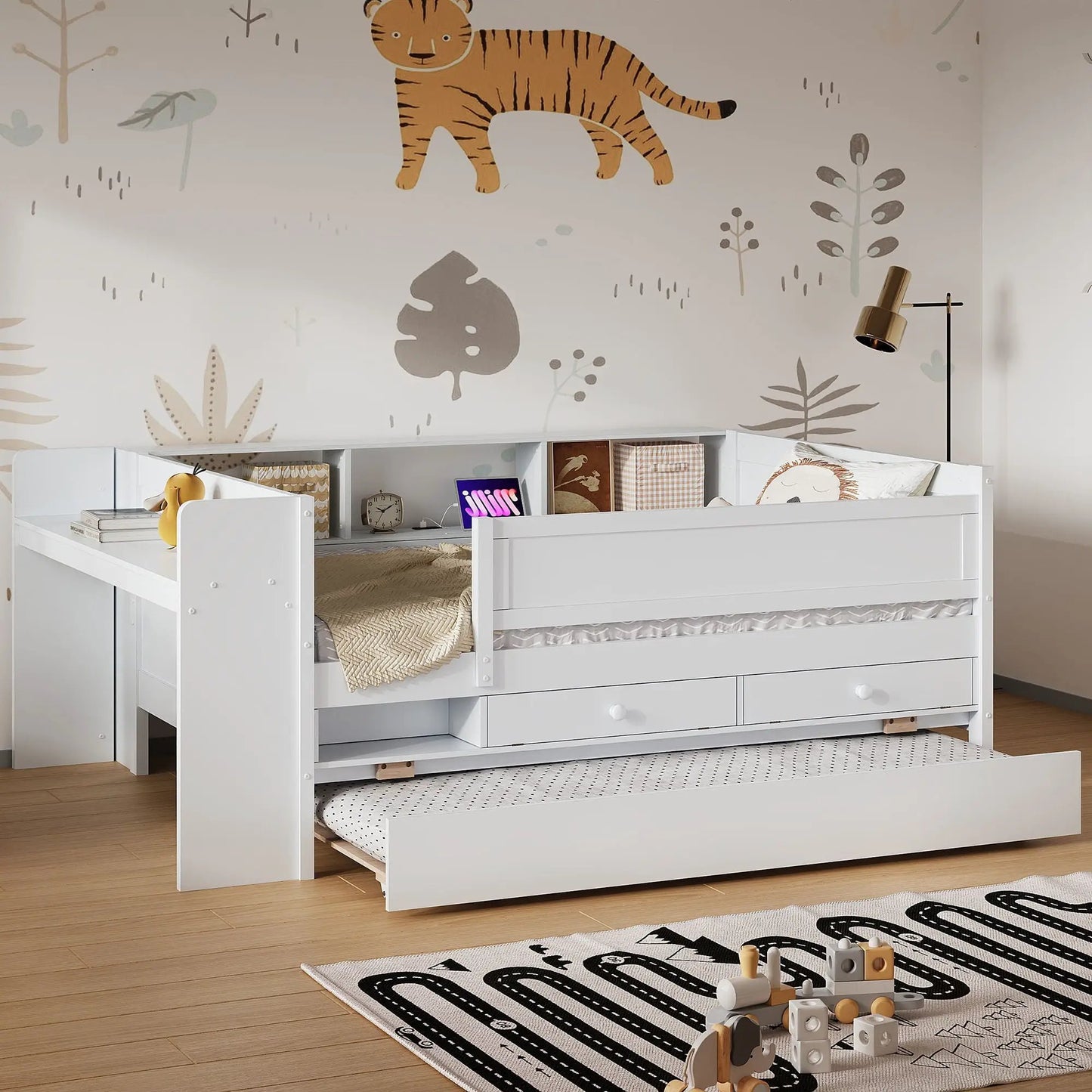 White twin daybed with drawers and trundle and built in study desk on Tampa Home & Garden Store