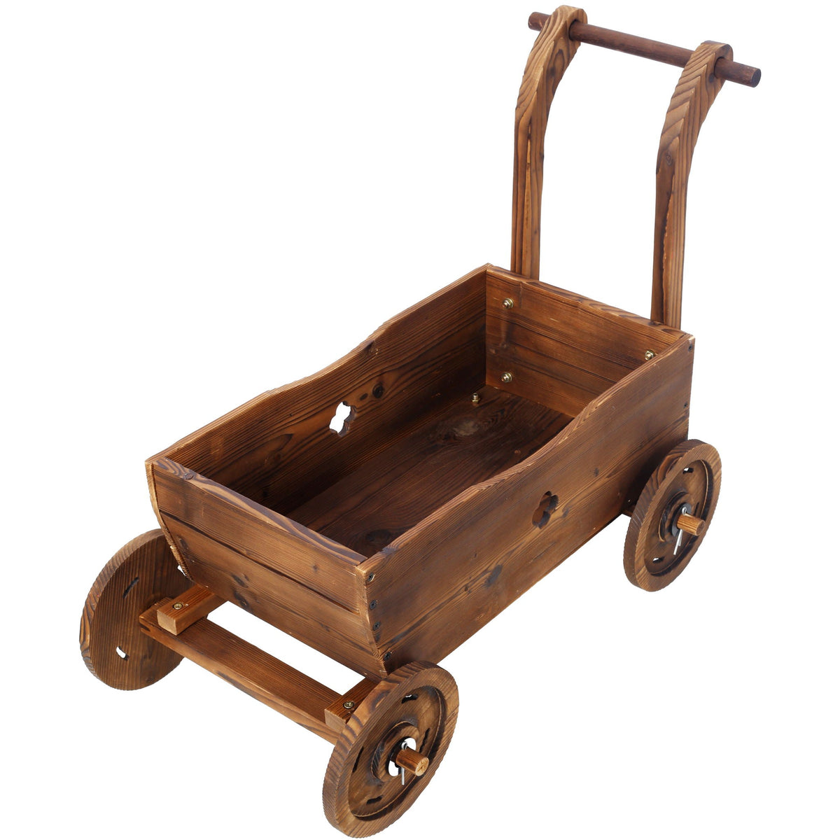 Wooden wagon planter box with wheels in brown, includes drain holes on Tampa Home & Garden Store