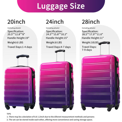 HouseOfZazla 3-piece gradient pink-to-purple hardshell luggage set with spinner wheels on Tampa Home & Garden Store