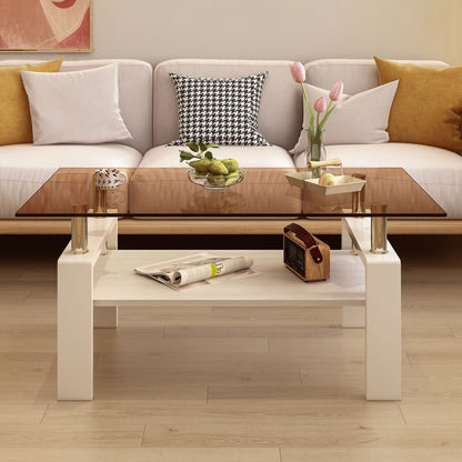 Coffee table by HouseOfZazla with glass top and white shelf featuring pears, tulips and mug on Tampa Home & Garden Store