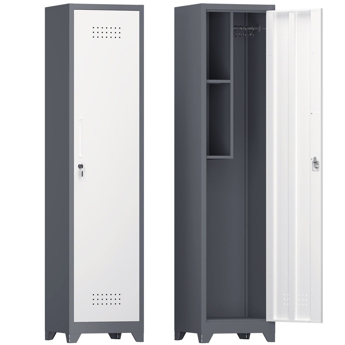 Broom storage cabinet narrow slim with hooks and shelves in dark grey by HouseOfZazla on Tampa Home & Garden Store
