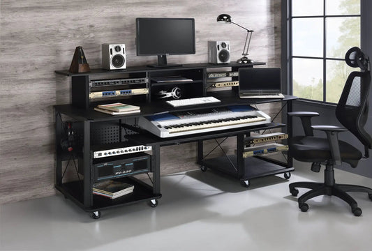 Megara Music Desk with multiple storage in black metal frame; monitor, keyboard, speakers on Tampa Home & Garden Store
