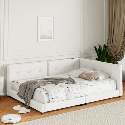 White tufted upholstered platform bed by HouseOfZazla with twin sections in a paneled bedroom on Tampa Home & Garden Store