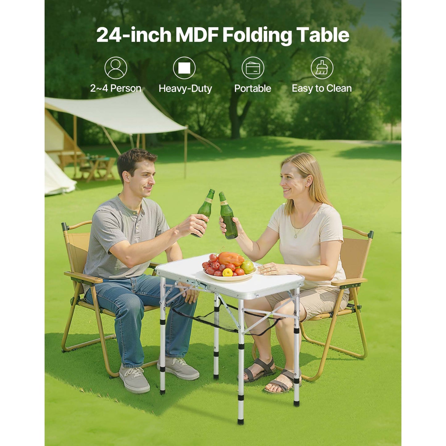 2ft Folding Portable Camping Table HouseOfZazla, white top, metal legs, outdoor picnic scene on Tampa Home & Garden Store