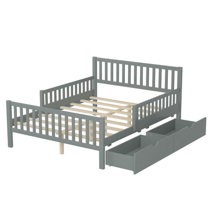 Platform bed with guardrails on both sides and 2 storage drawers, gray wood frame, HouseOfZazla on Tampa Home & Garden Store