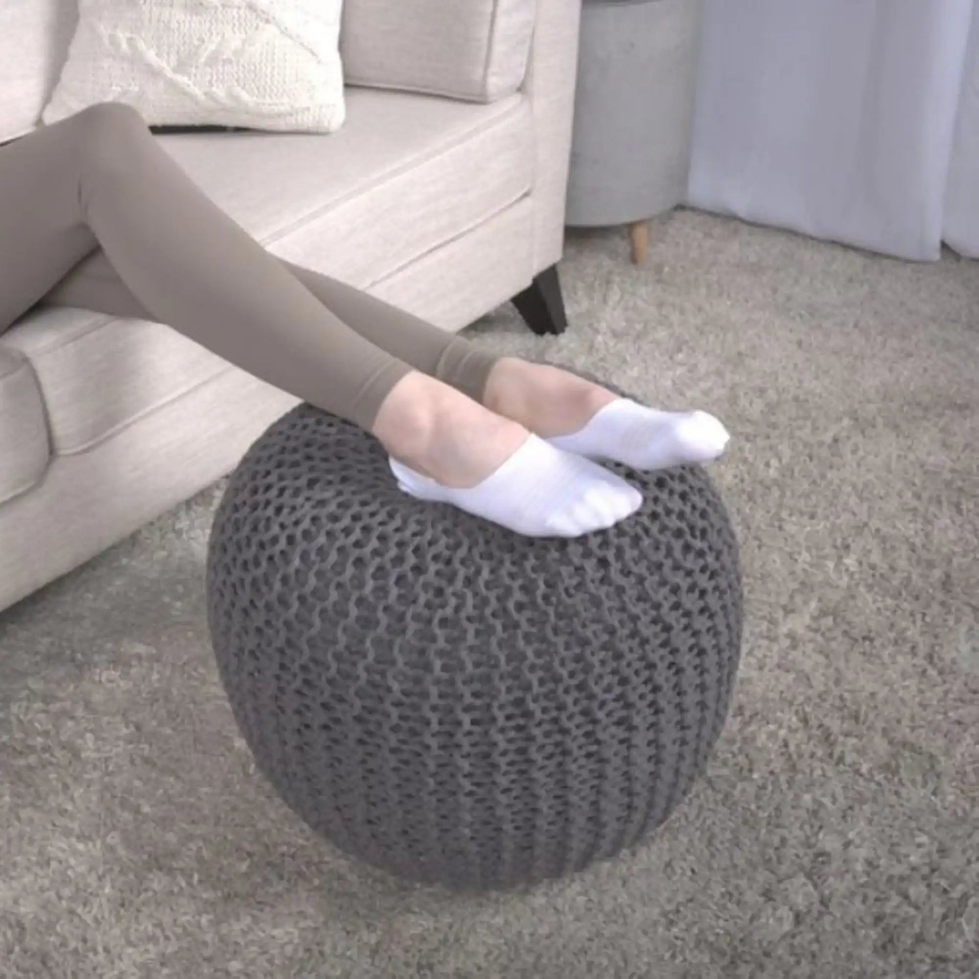 Bordeaux knitted cotton round pouf ottoman in charcoal by HouseOfZazla on Tampa Home & Garden Store