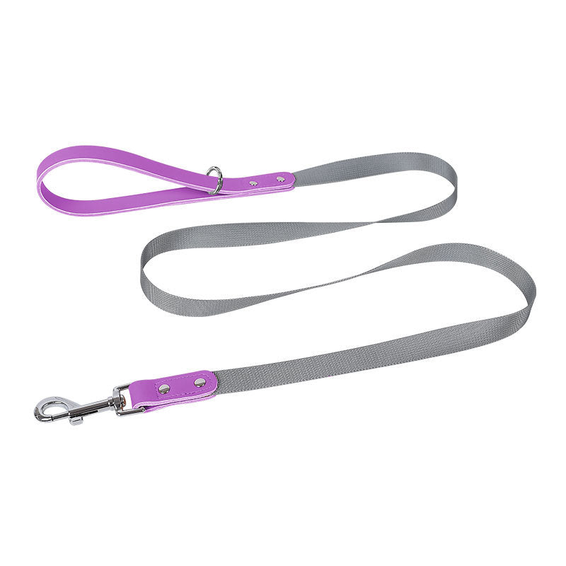 Pet Zen dog nylon leash set with gray strap and purple leather ends, metal clasp on Tampa Home & Garden Store