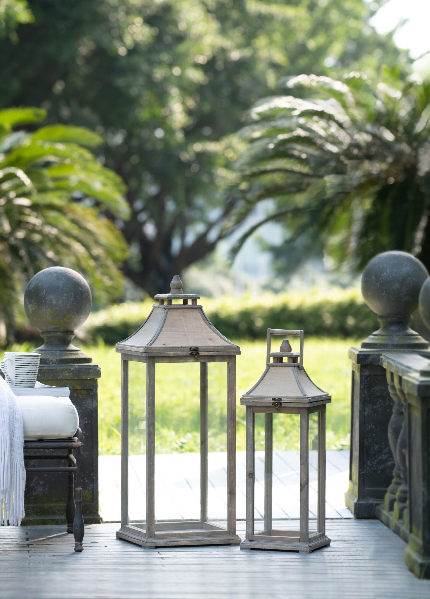 Candle lanterns Ivory set of 3 by HouseOfZazla for indoor outdoor on garden railing on Tampa Home & Garden Store