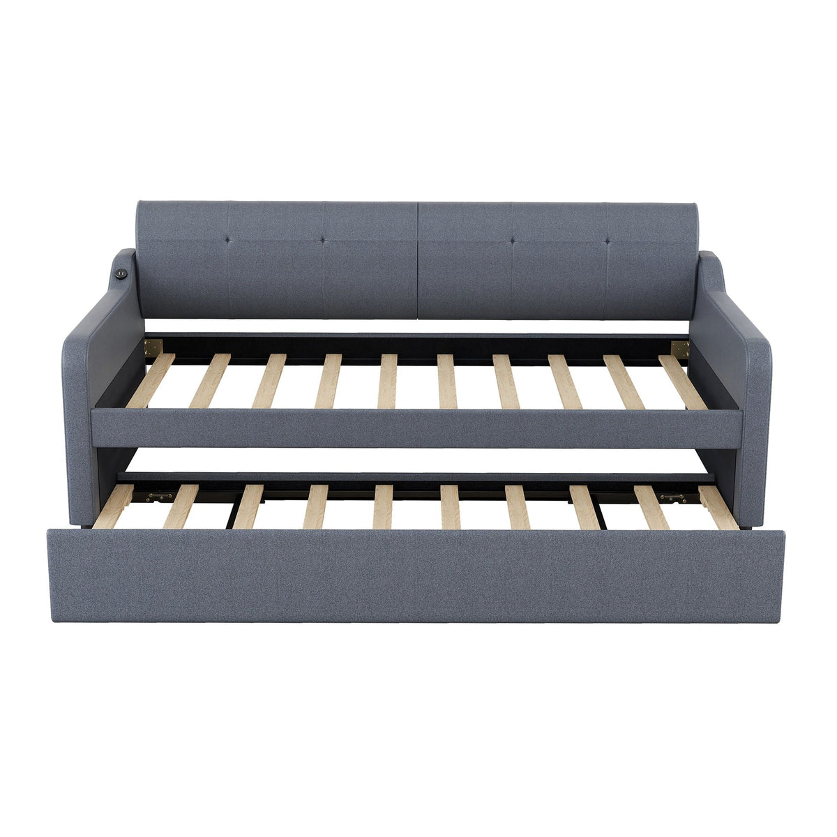 Upholstered daybed with trundle and USB charging, gray fabric, tufted back on Tampa Home & Garden Store