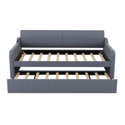Upholstered daybed with trundle and USB charging, gray fabric, tufted back on Tampa Home & Garden Store