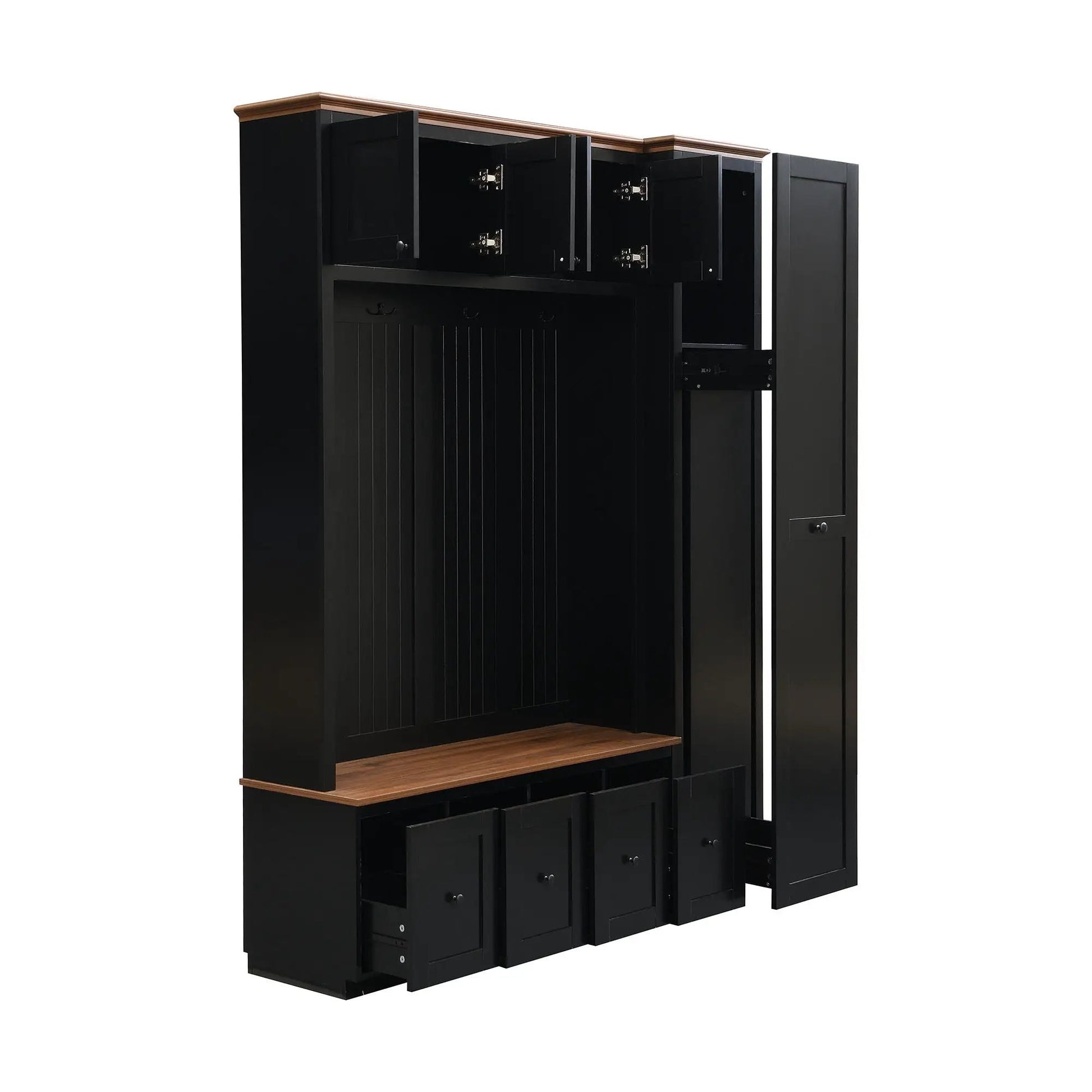 Hall tree with storage bench and wall cabinets in black finish with a warm wood top on Tampa Home & Garden Store