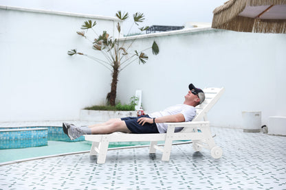 Outdoor lounge chair in white wood-texture HDPE with adjustable backrest by poolside on Tampa Home & Garden Store