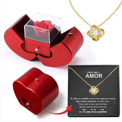 Red apple jewelry box with clear lid rose and gold necklace pendant on Tampa Home & Garden Store