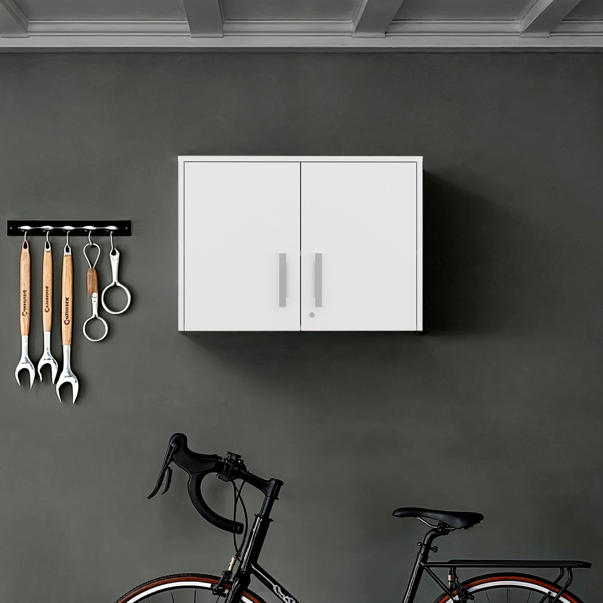 Danbury storage cabinet wall unit by HouseOfZazla, white with dual doors and silver handles on Tampa Home & Garden Store
