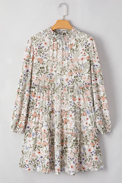 Floral printed mock-neck long-sleeve mini dress by Stevvex, cream with blossoms, tiered hem on Tampa Home & Garden Store