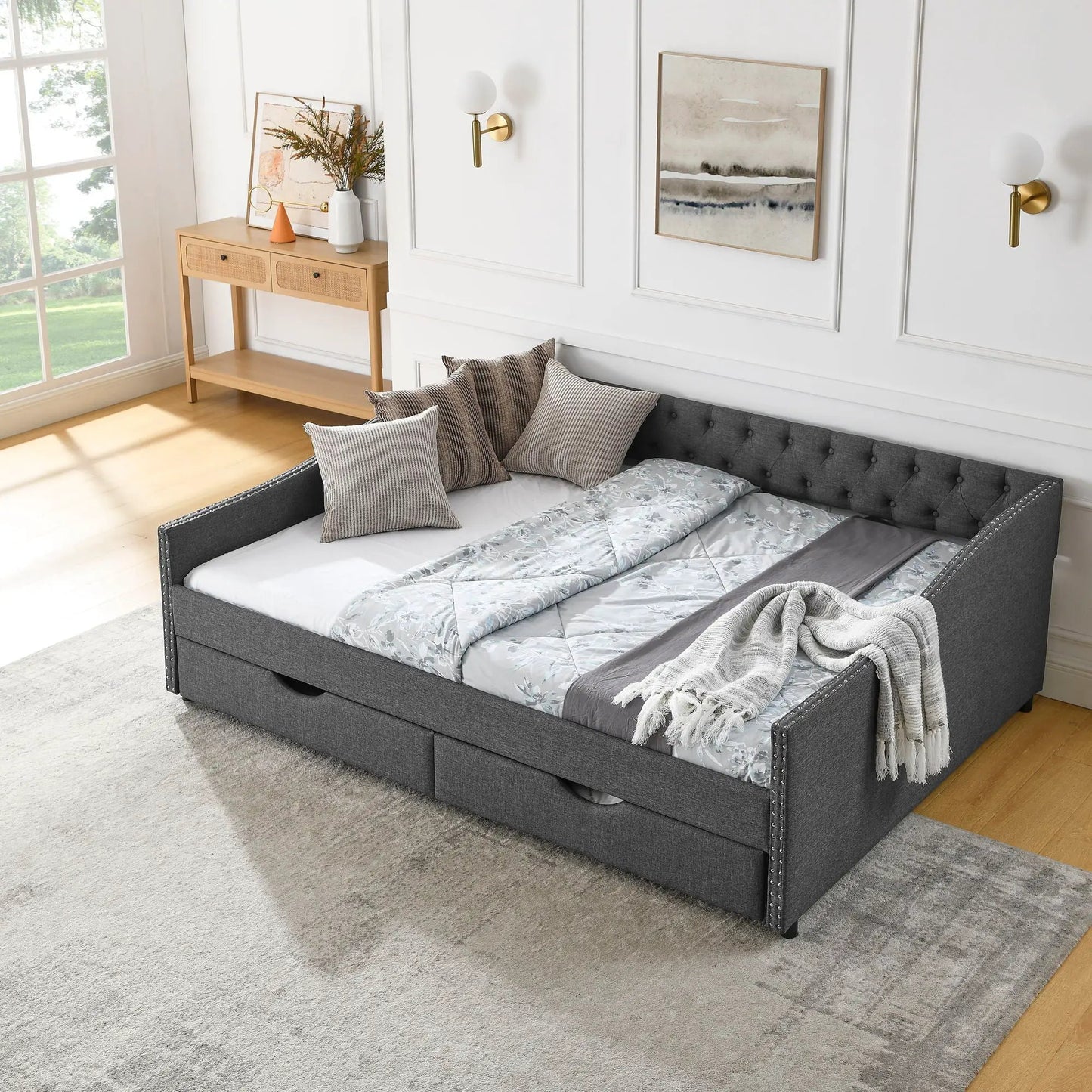 Upholstered tufted daybed with 2 drawers in dark gray fabric and waved arms on Tampa Home & Garden Store