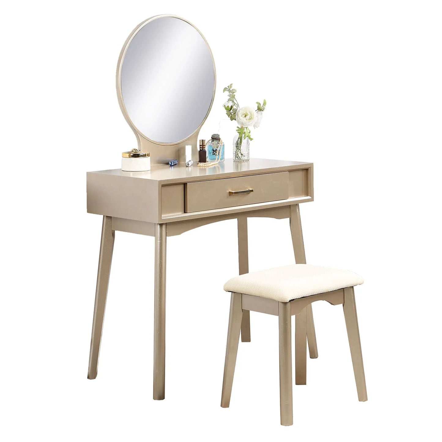 Maly gold vanity set with oval mirror and upholstered stool by Unique Piece Furniture on Tampa Home & Garden Store
