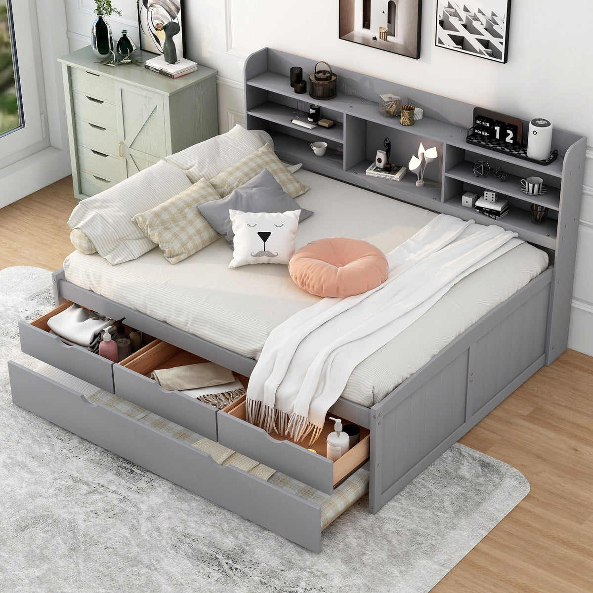 Captain bed with built-in bookshelves and trundle in gray finish with 3 storage drawers on Tampa Home & Garden Store