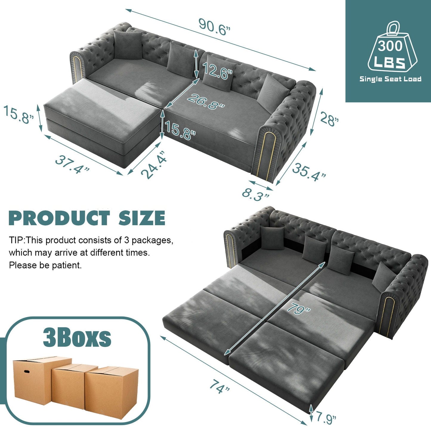 3 In 1 Convertible Sofa and Ottoman Bed