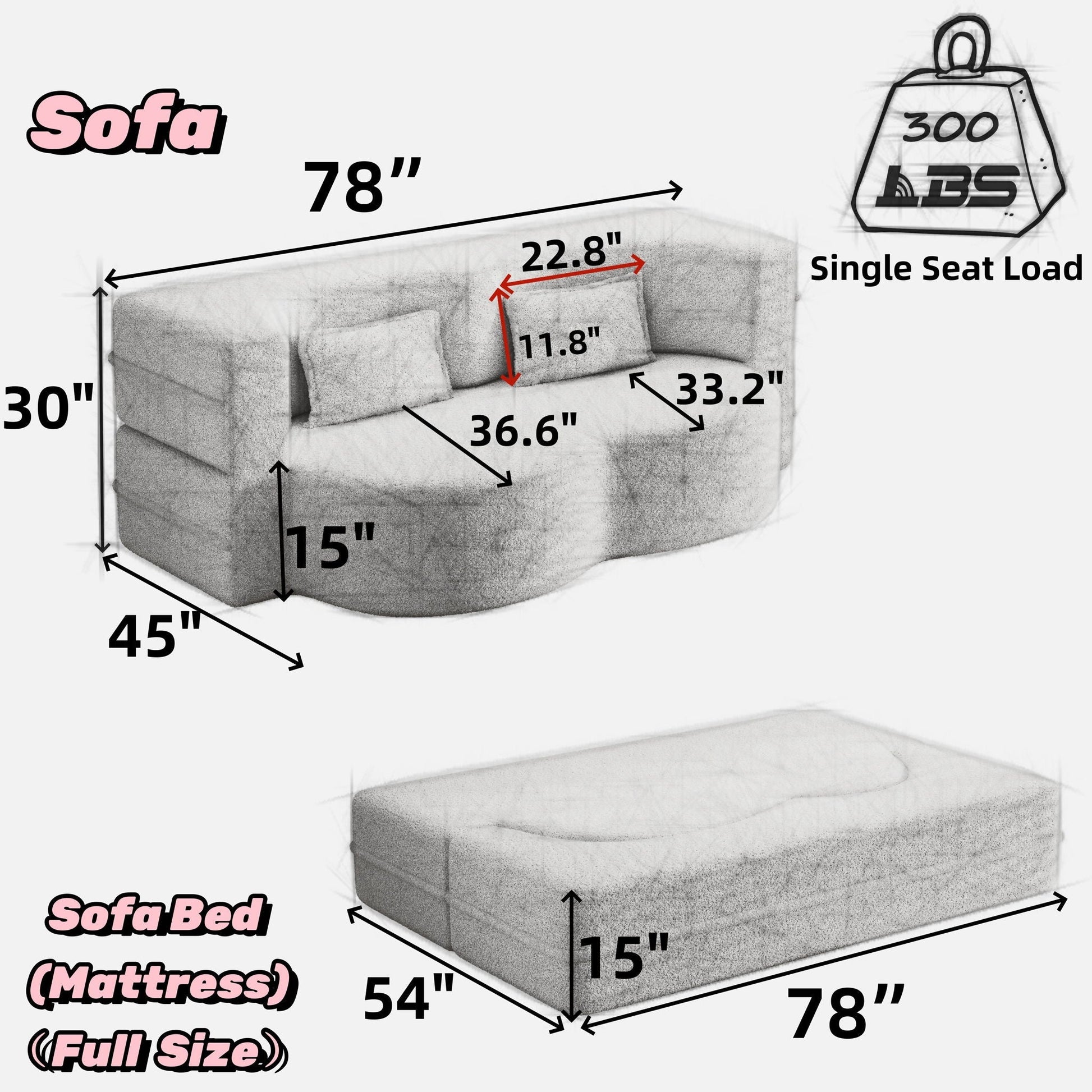 Futon sofa bed grey teddy fabric by HouseOfZazla, two pillows convertible, 78 inches long on Tampa Home & Garden Store