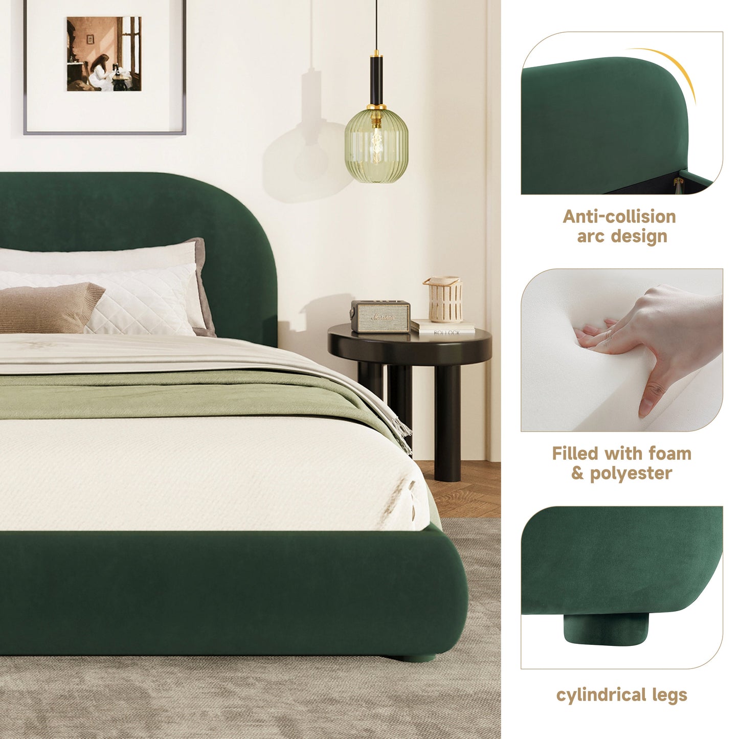 Dark Green Velvet Bed Frame and Headboard