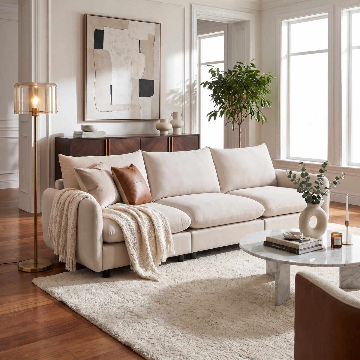 Modern 3 Piece Sectional Sofa and Wood Frame by HouseOfZazla in beige fabric on Tampa Home & Garden Store