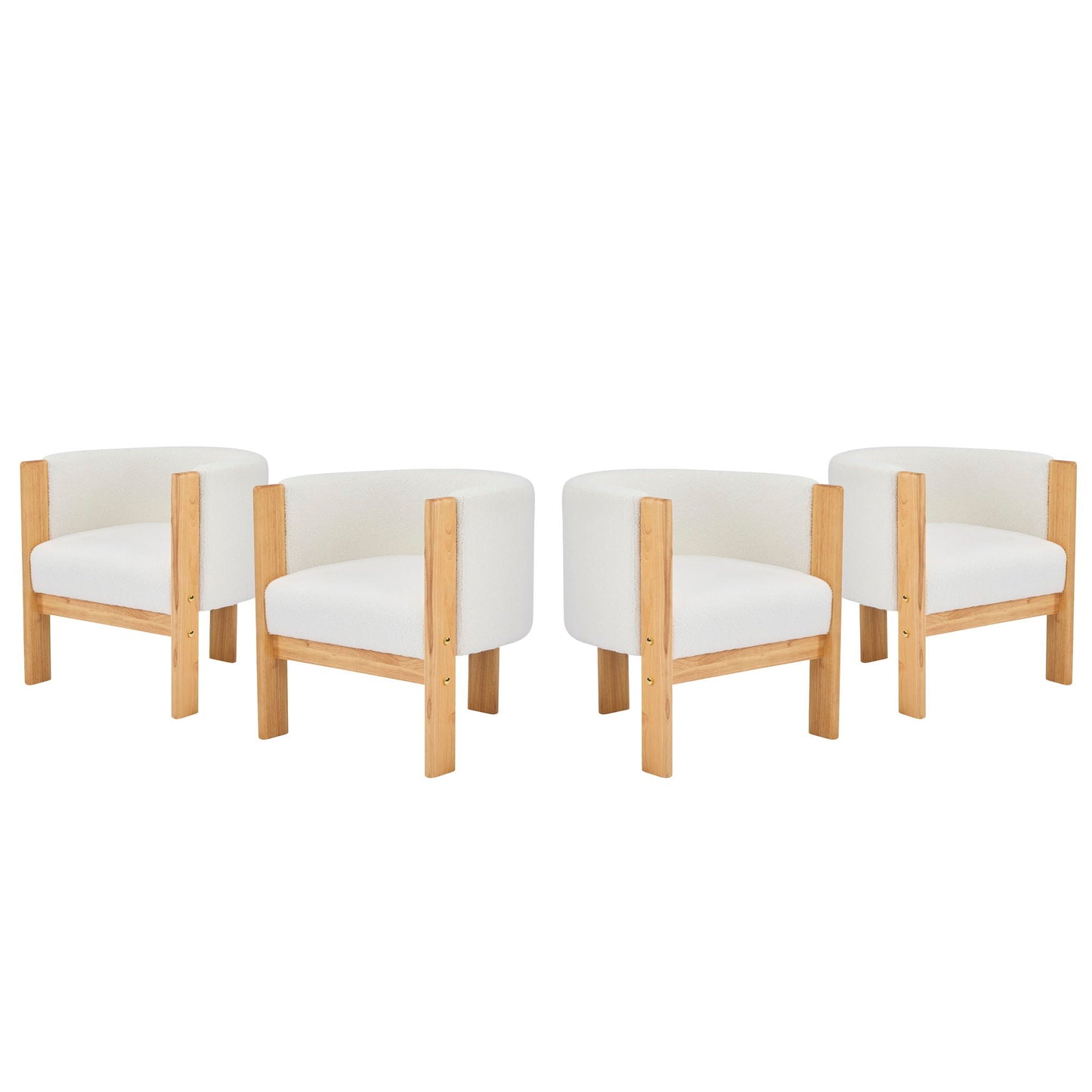 Modern dining chairs in white upholstery with natural wood legs arranged in a row on Tampa Home & Garden Store