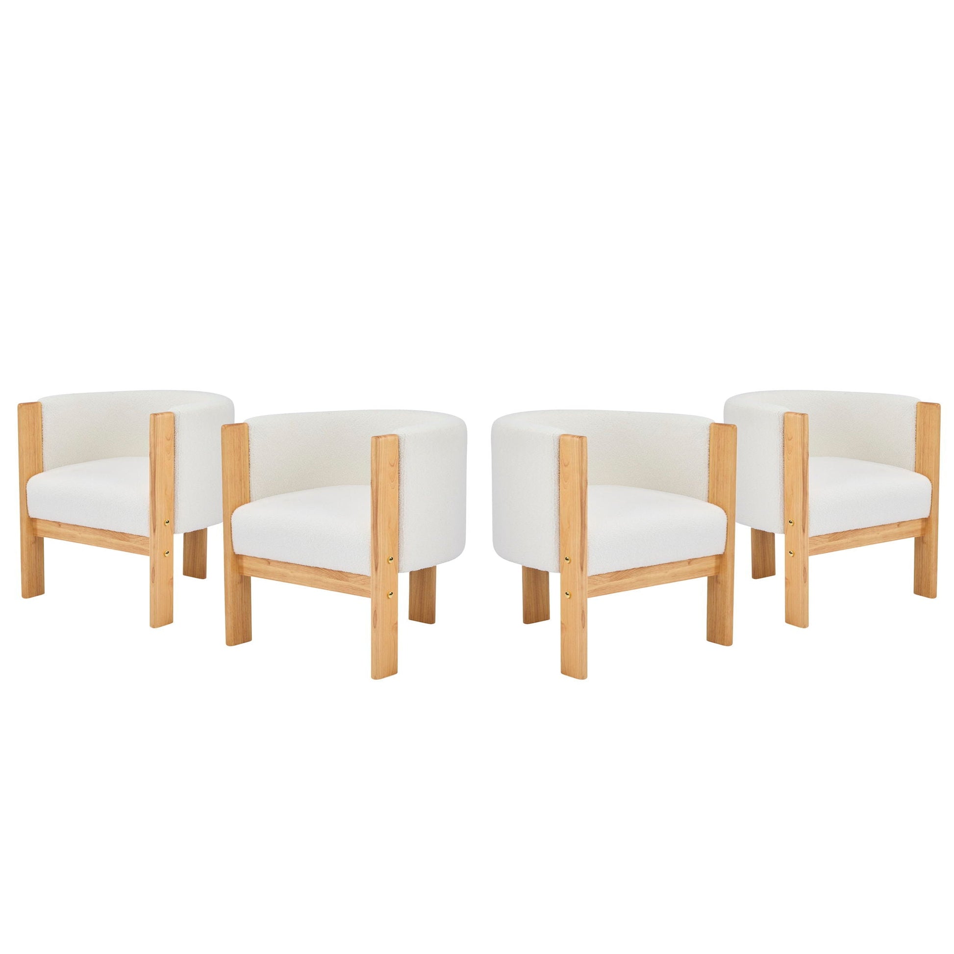 Modern dining chairs in white upholstery with natural wood legs arranged in a row on Tampa Home & Garden Store