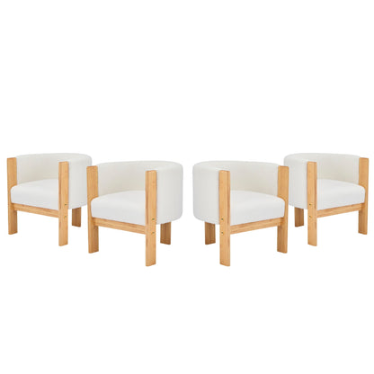 Modern dining chairs in white upholstery with natural wood legs arranged in a row on Tampa Home & Garden Store