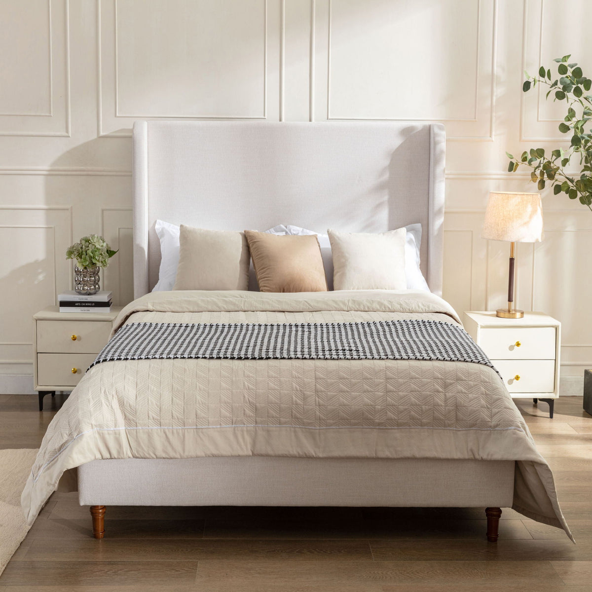 Harper tall headboard upholstered bed in cream fabric, no box spring needed, by HouseOfZazla on Tampa Home & Garden Store