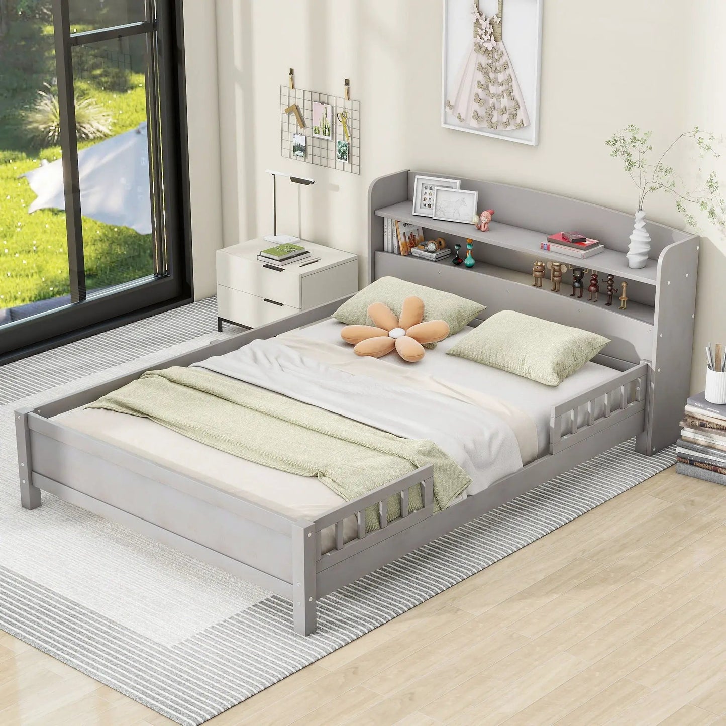 Wood Platform Bed With Led Light and Guardrail