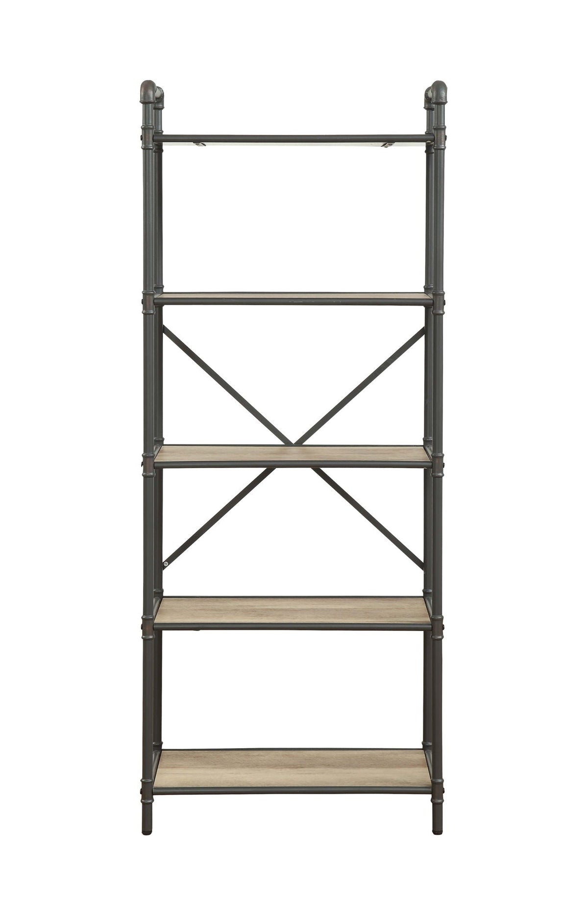 Light brown etagere with black metal frame and crisscross back, 26W x 14D x 49H on Tampa Home & Garden Store