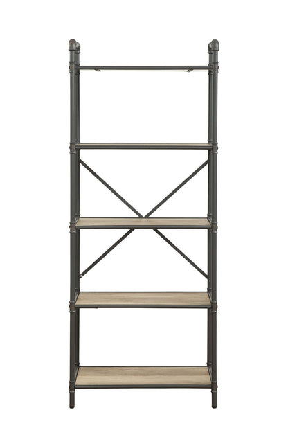 Itzel Bookshelf antique oak sandy gray, dark metal frame with light wood shelves and X-back on Tampa Home & Garden Store