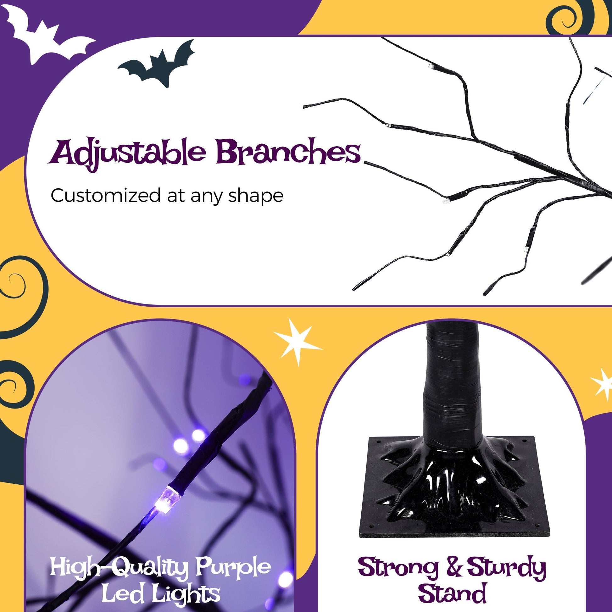 3 Pc Illuminated Halloween Tree with Purple LED Glow by HouseOfZazla, adjustable branches on Tampa Home & Garden Store