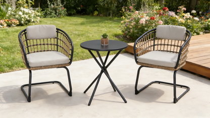 3-Piece Outdoor Wicker Bistro Set with beige cushions, two chairs and round black table on Tampa Home & Garden Store