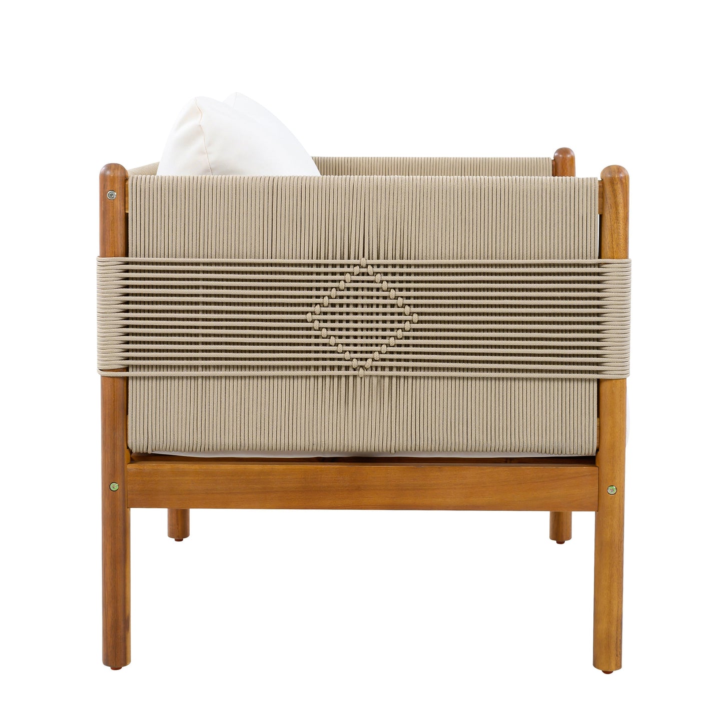 Outdoor Club Chairs set of 2 with diamond-pattern beige rope and teak finish on Tampa Home & Garden Store