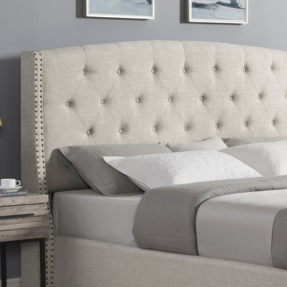 Astral tufted wingback bed in light grey upholstery with nailhead trim and white nightstands on Tampa Home & Garden Store