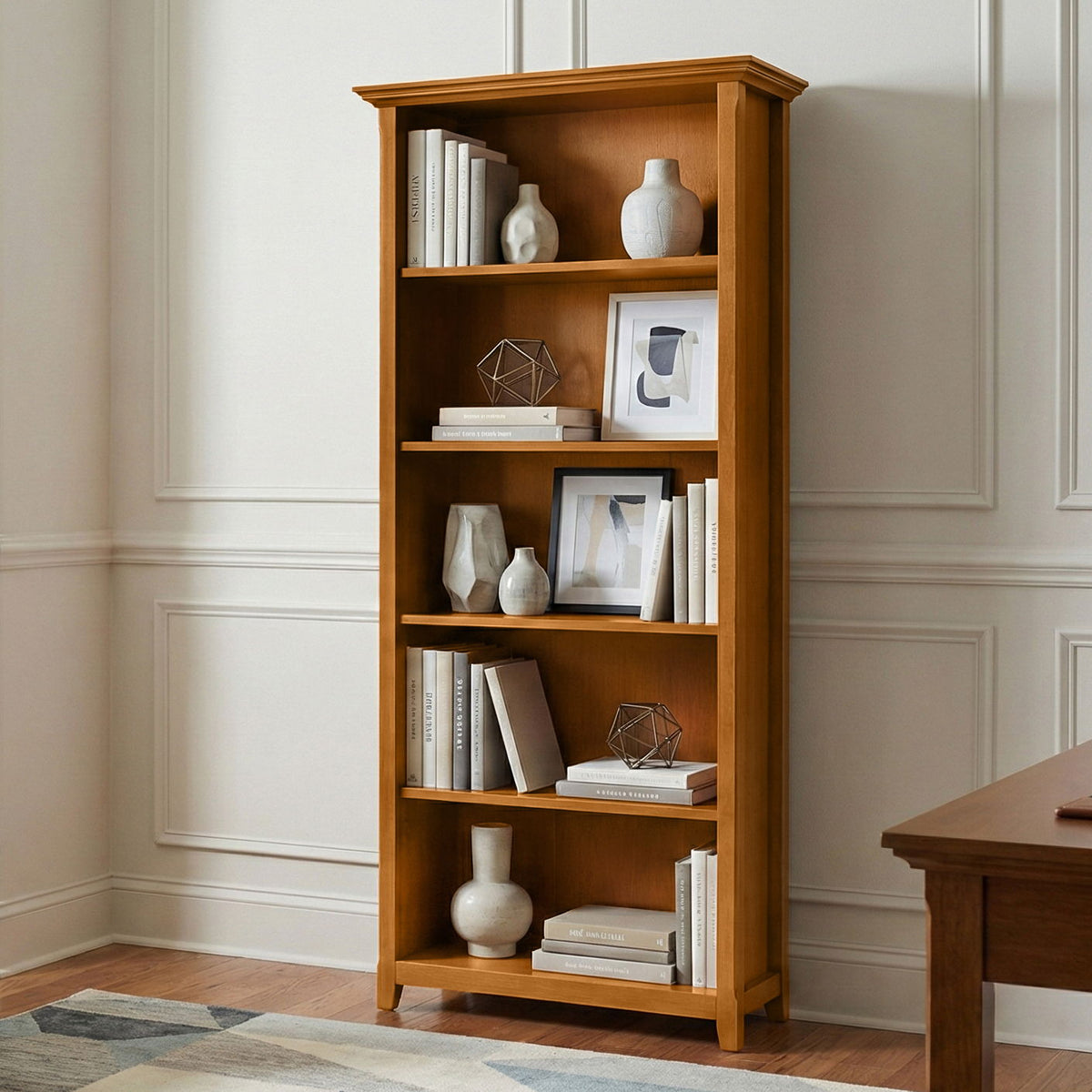Amherst Wooden Bookcase by HouseOfZazla with adjustable shelves in warm oak finish on Tampa Home & Garden Store