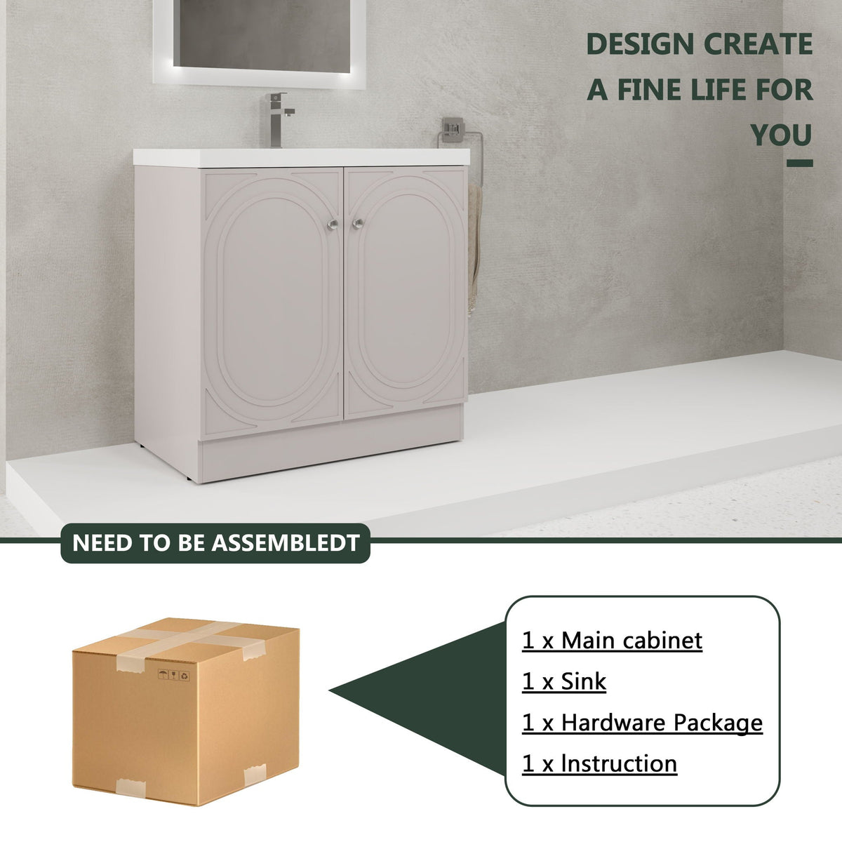 Freestanding bathroom vanity with resin sink and pale pink arched-panel doors by HouseOfZazla on Tampa Home & Garden Store