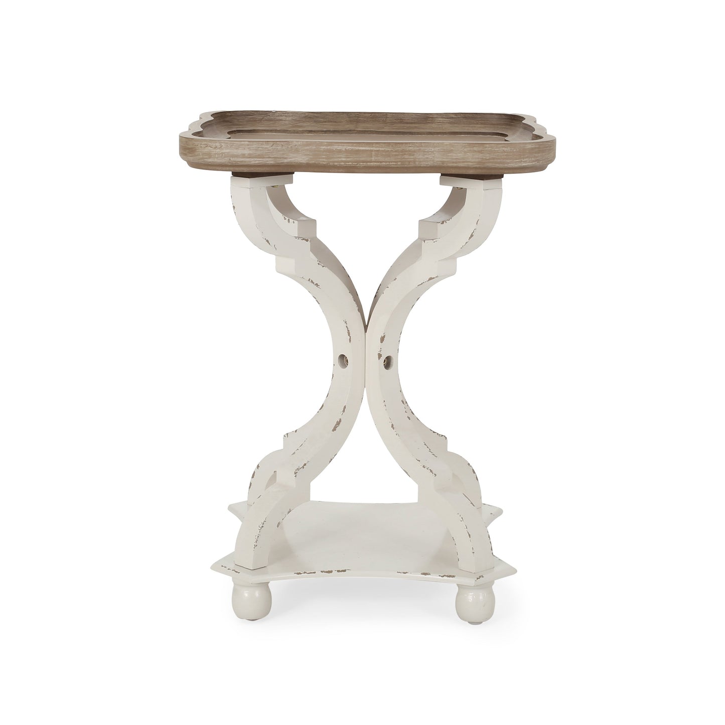 Accent Table with hourglass base, distressed white finish, natural wood top on Tampa Home & Garden Store