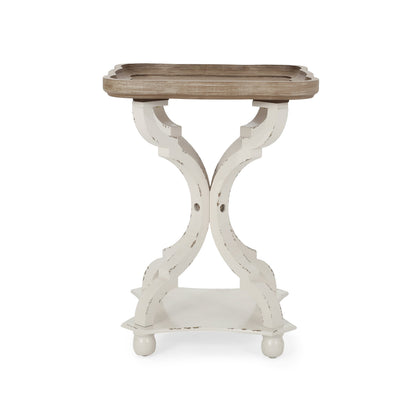 Accent Table with hourglass base, distressed white finish, natural wood top on Tampa Home & Garden Store