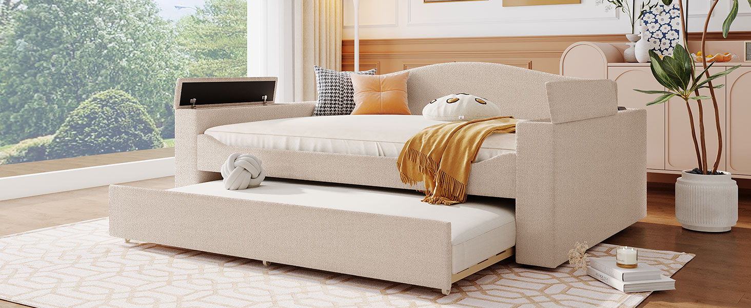 Beige upholstered daybed with storage armrests and pull-out trundle by HouseOfZazla on Tampa Home & Garden Store