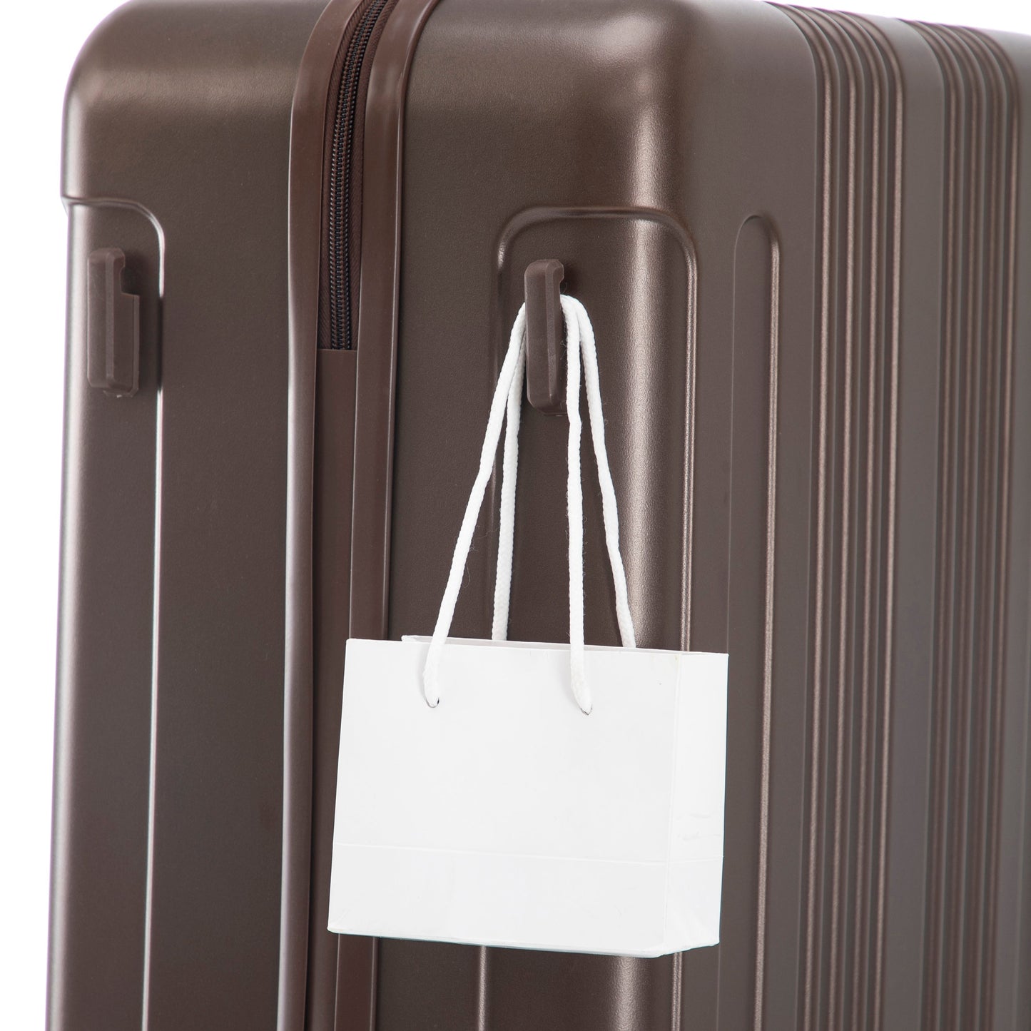 3 Piece ABS Spinner Wheel Luggage Set brown close-up with zipper and side handle on Tampa Home & Garden Store